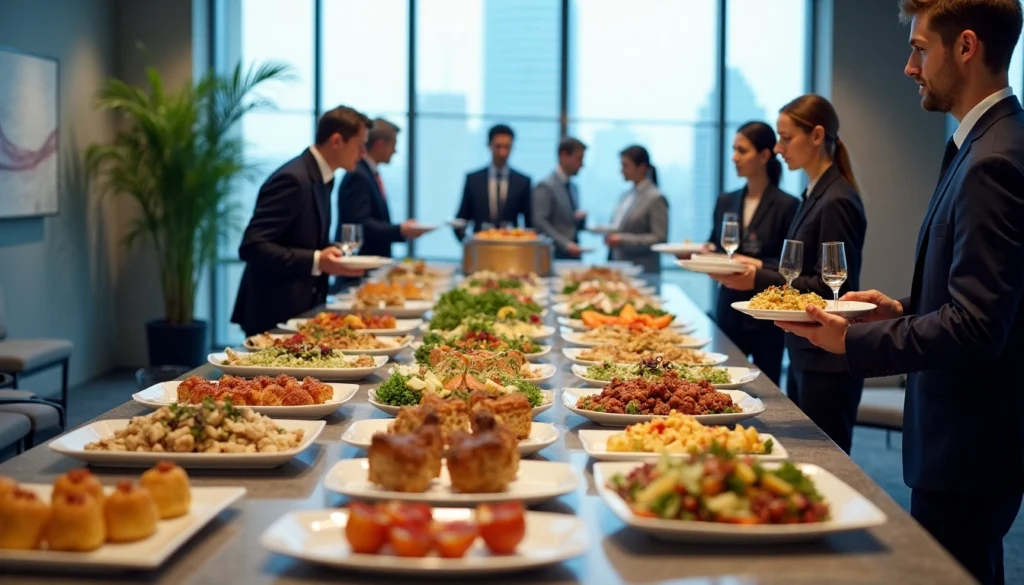 plusieurs personnes se tiennent debout autour d'un buffet plusieurs personnes se tiennent debout autour d'un buffet
